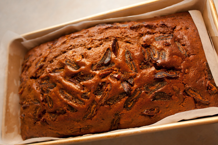 Date and Walnut Gingerbread Cake in loaf tin after cooking